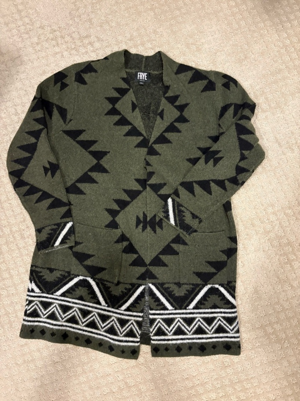FRYE Olive Green and Black Aztec Open-Front Cardigan with White Accents